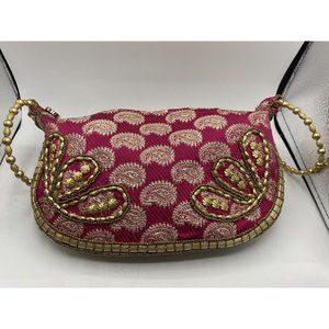 Women's Unique Hot Fuschia & Golden Flower Handbag 10” X 6.5”